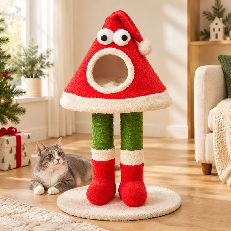 Arbre à chat de Noël avec poteaux à griffer en sisal et lit en peluche, motif de chapeau de père Noël, rouge