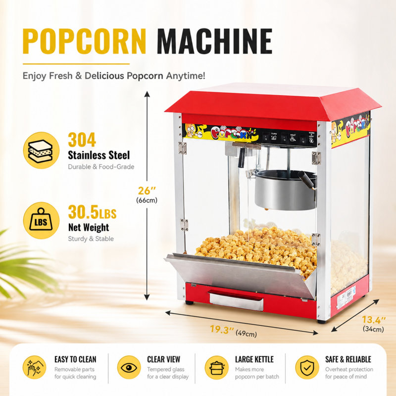 Machine à maïs soufflé de comptoir de 10 oz, popcorn de cinéma 1300 W, 60 tasses par lot, commande à 3 interrupteurs avec cuillères à mesurer