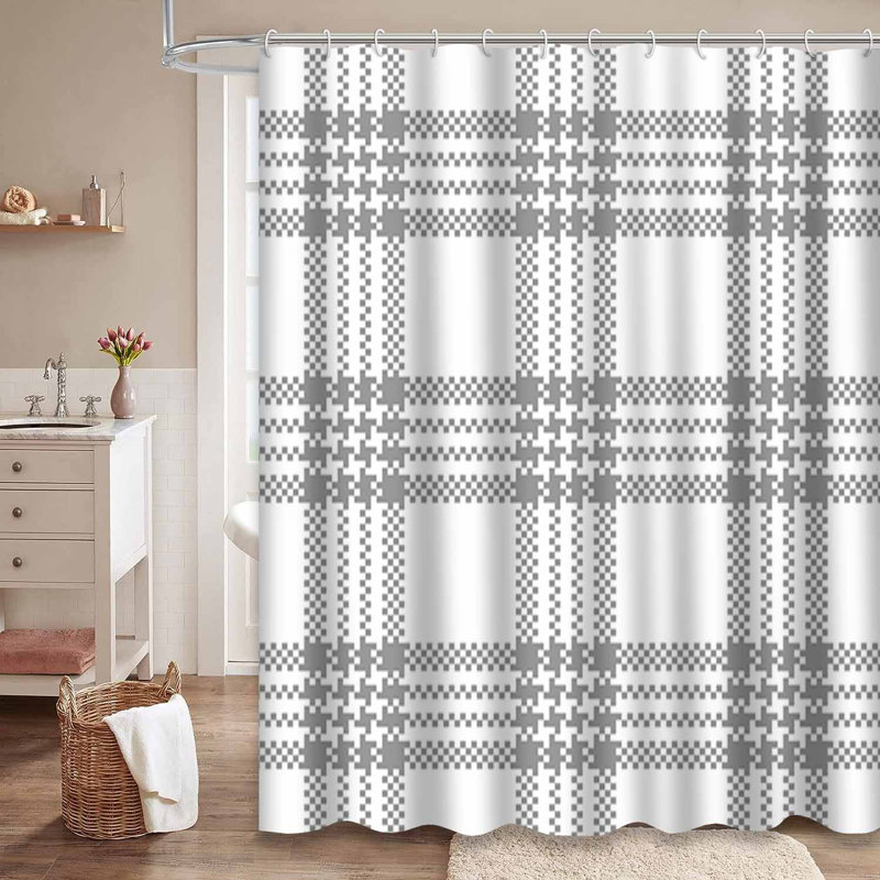 Rideau de douche à motif abstrait écossais blanc avec 12 crochets, L 72 po x l 72 po