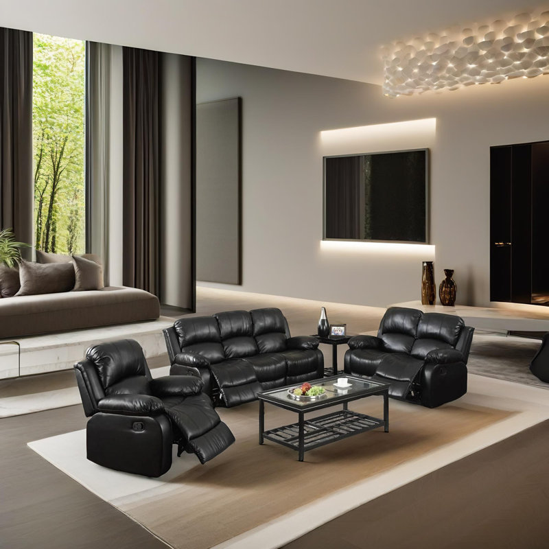 Ensemble de salon inclinable en similicuir 3 pièces Hartranft, Similicuir noir