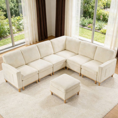  Canapé d'angle moderne en tissu en L avec repose-pieds et poche de rangement latérale pour le salon, beige et blanc Modern