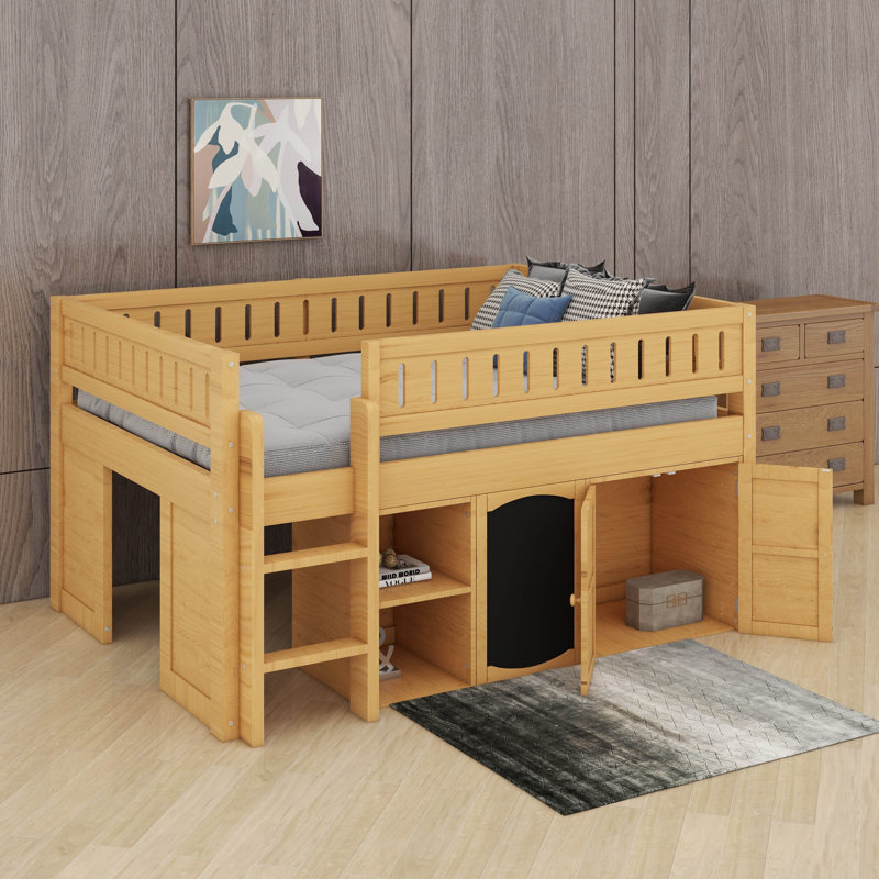 Lit mezzanine double avec armoire, Naturel