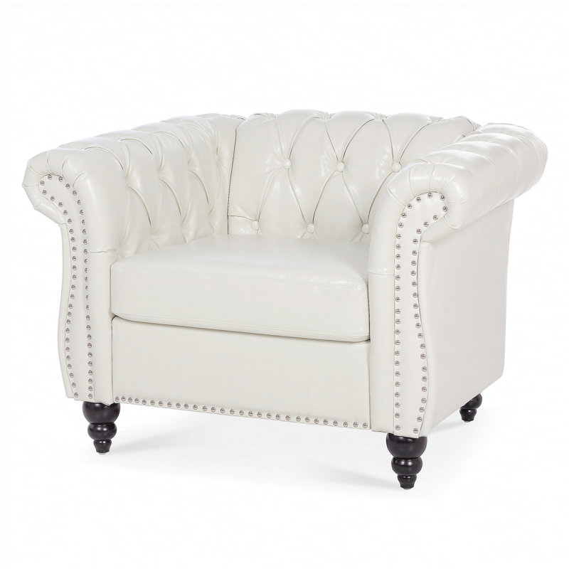 Accent Sofa Chair For Living Room, White Faux Leather, Black