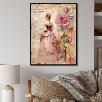 «Victorian Lady Pink Roses Rustic Vintage I - Rose», art mural encadré