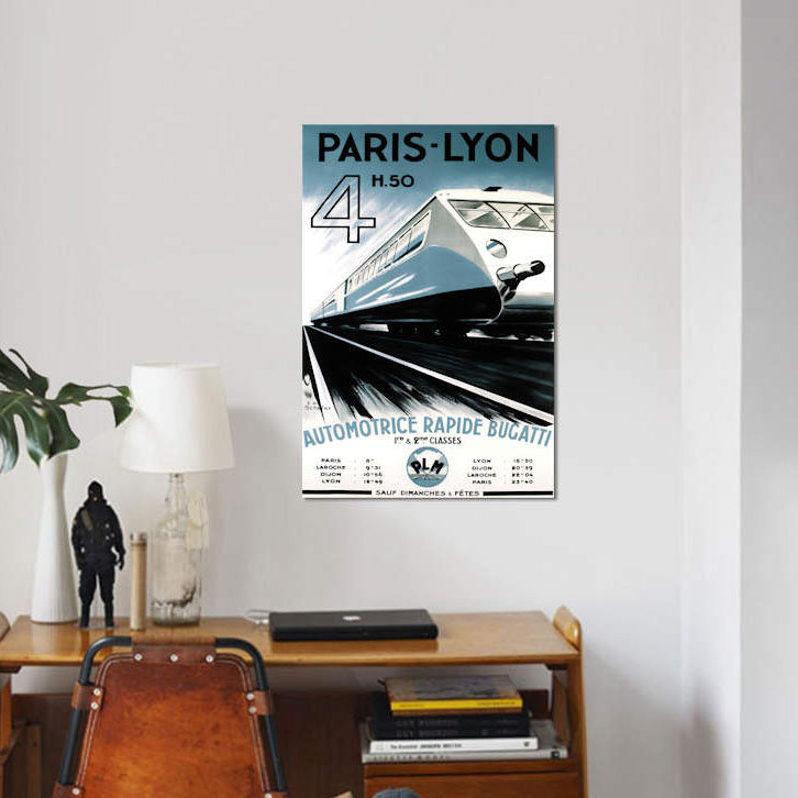 « paris-lyon train », affiche rétro sur toile, H 18 po x l 12 po x P 1,5 po, Toile tendue, Pas de tapis