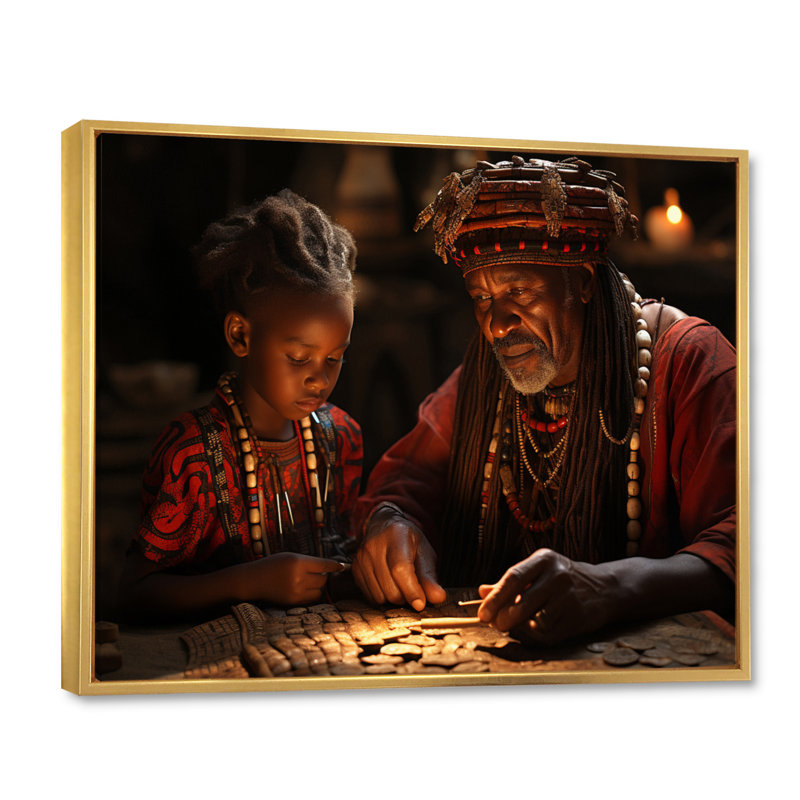Sagesse africaine ancienne sur toile, Cadre flottant doré, H 16 po x l 32 po x P 1 po