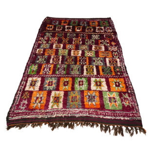 Tapis orange / mauve / vert en laine à motif géométrique fait à la main 5 pi 8 po x 8 pi 10 po