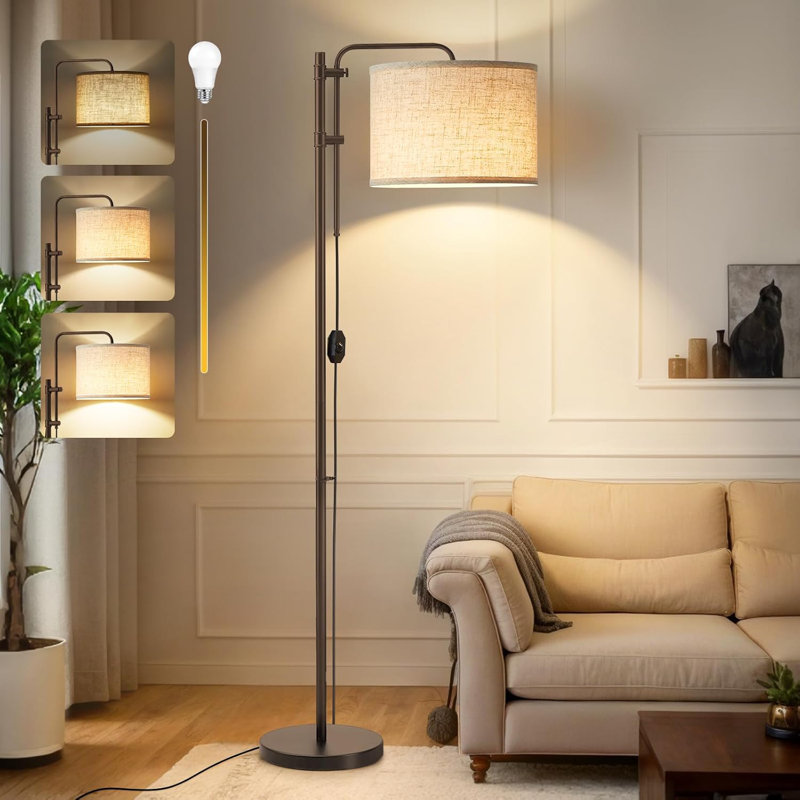 Modern Dimmable Floor Lamp With Adjustable 350° Rotating Linen Shade, 67.5" Height, Weighted Base For Living Room, Bedroom, Office