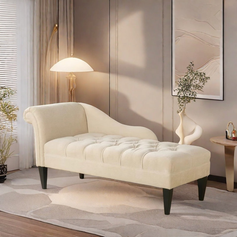 Chaise Longue with Sturdy Wood Frame, Left Hand Facing, Creamy White