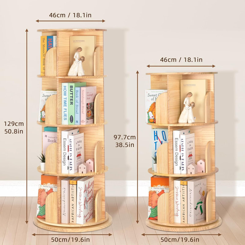 360° Display 4 Tier Thick Solid Wood Rotating Bookshelf