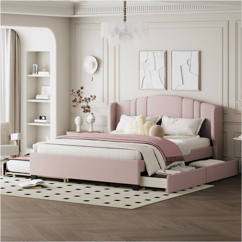Lit plateforme tapissier avec tête de lit à oreilles, gigogne simple et 2 tiroirs, Rose / blanc