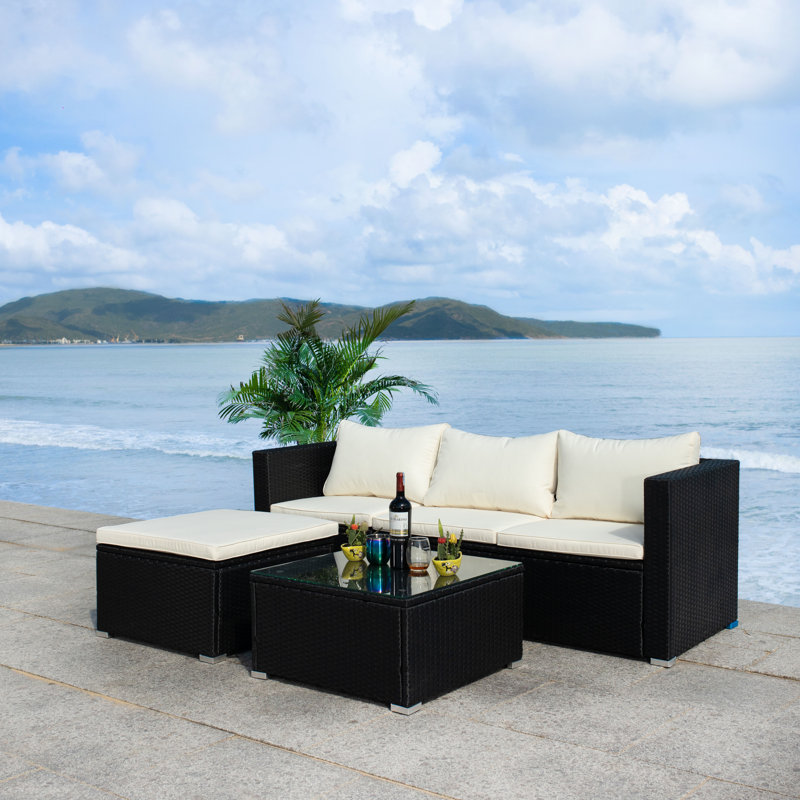 Ensemble de conversation en rotin avec coussins 3 pièces Oxley, Structure noire / coussin beige