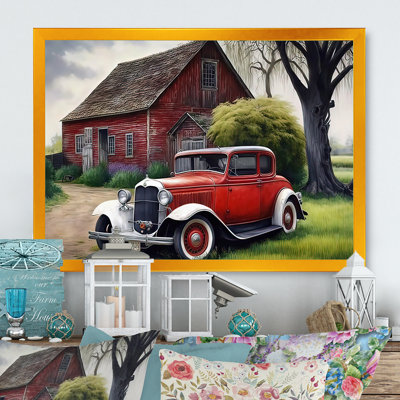 Vieille voiture rétro à la grange - peinture sur toile