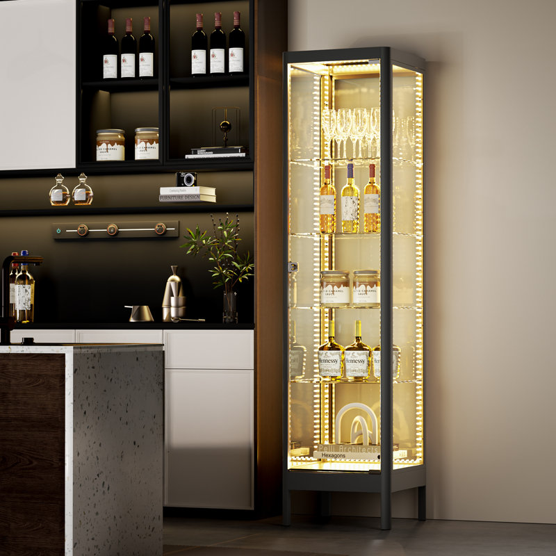 63" H Metal Display Cabinet Tempered Glass Curio Cabinet with Adjustable Shelves, RGB Lighting, Lockable, Black