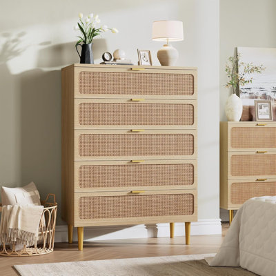 5-Drawer Rattan Dresser, Modern Wooden Chest with Deep Storage Drawers for Bedroom, Living Room or Hallway – Ivory