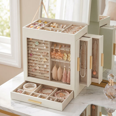Boîte à bijoux avec fenêtre en verre - organisateur de bijoux à 5 couches avec 3 tiroirs latéraux, rangement pour bijoux moderne avec grand miroir, 6,1 po x 10,3 po x 12,6 po, blanc nuage et or métallique