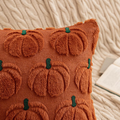 Fall Pumpkin Pillow Covers Fall Decor Rust Green Stem 18x18 Decorative Autumn Harvest,Fall Decorations for Home,Set of 2,Soft Plush Faux Fur,Farmhouse Halloween Porch Coach Bedroom