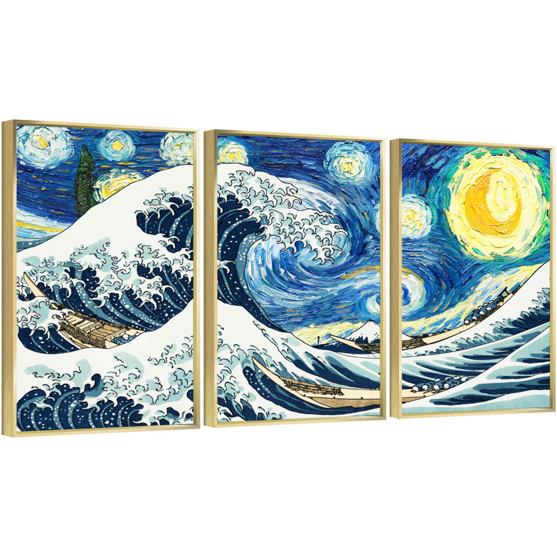 «Van Gogh Wall Art» par Vincent Van Gogh, ensemble de 3 reproductions d'art sur toile encadrées, Or