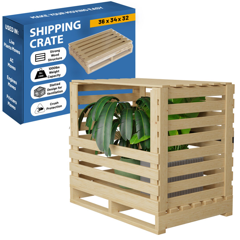 Caisse d'expédition en bois empilable avec structure à lattes robuste, facile à ranger et à transporter, 36 x 34 x 32, beige