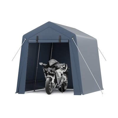 Heavy-Duty Outdoor Storage Outdoor Storage Unit/Carport Tent with Floor - Waterproof PE Tarp, Steel Frame, Roll-Up Zipper Door, Vents & Mesh Windows - for Motorcycle, Bike, Tools - Grey, 7x10FT