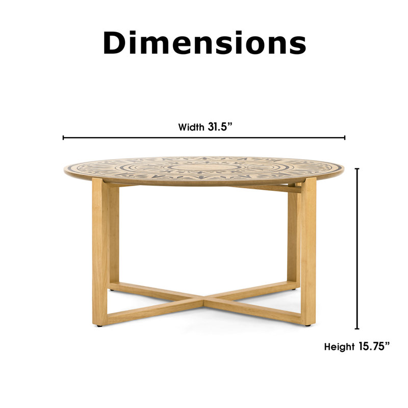 Natural Wood and Metal Round Coffee Table with Floral Design
