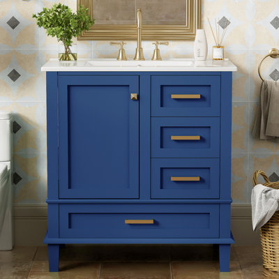 Meuble-lavabo moderne de 30 po - Armoire moderne bleue avec lavabo. Structure en bois massif. 3 tiroirs, fermeture de porte en douceur. Comptoir en céramique. Structure d'organisation. Porte à fermeture en douceur. Rangement fonctionnel