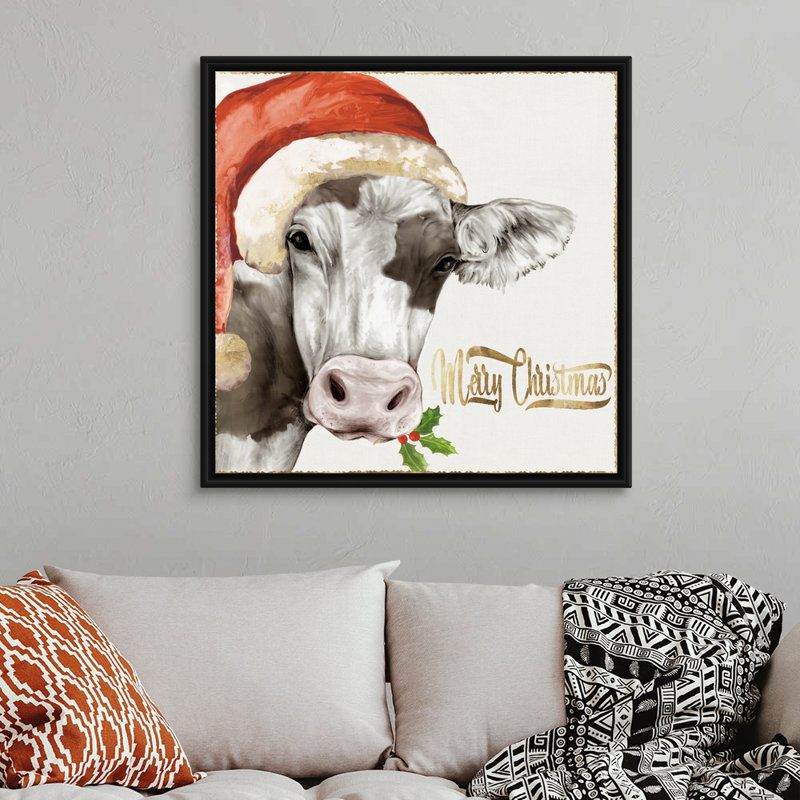 Vache de Noël - reproduction d'art sur toile, H 38 po x l 38 po x P 1,75 po, Cadre noir