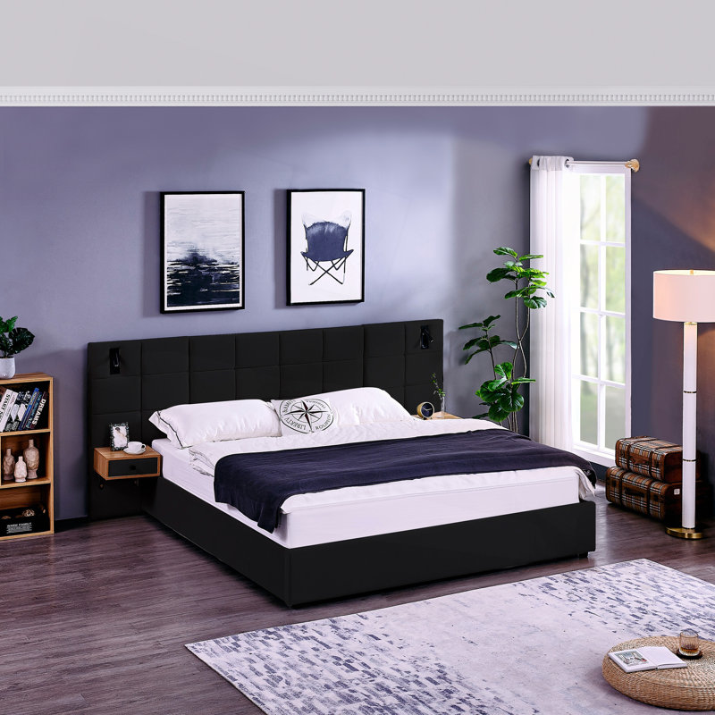 Très grand lit plateforme tapissier hydraulique en velours avec 2 tablettes, 2 lampes de lecture et un port USB