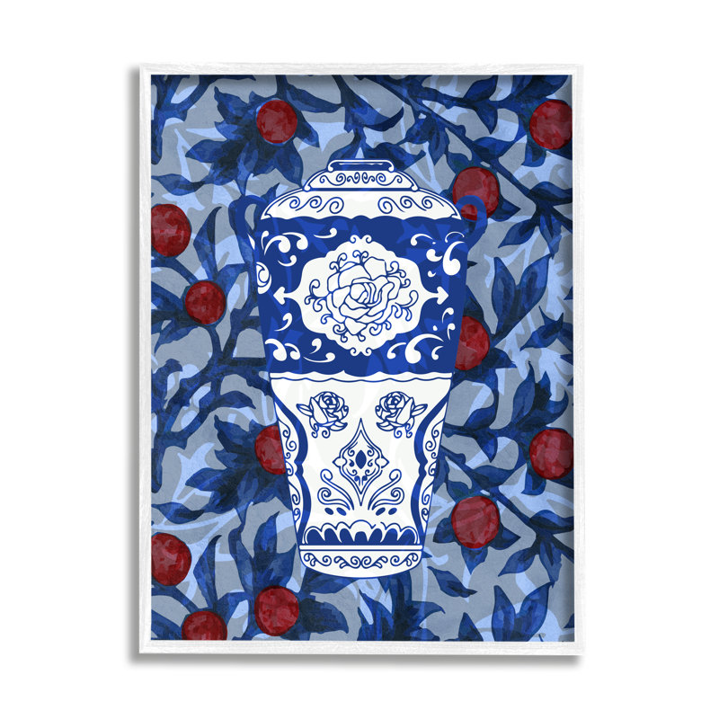 "Ornate Vase" rouge et bleu à motif encadré sur bois par Lil 'Rue, impression, H 14 po x l 11 po