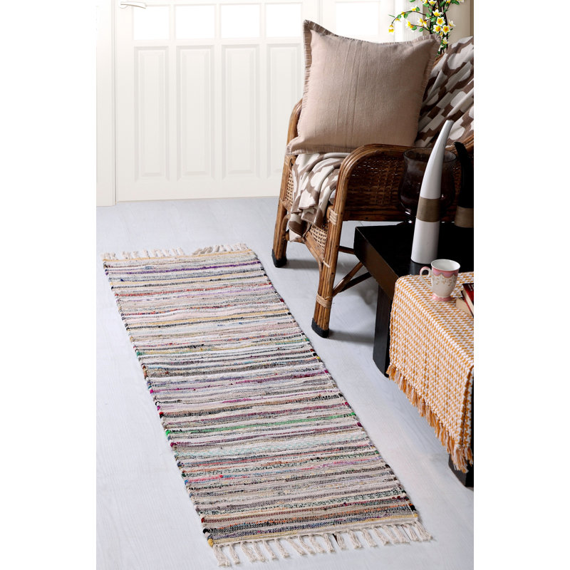 Marone Striped Cotton Hand Woven Area Rug, Runner 60 x 210cm
