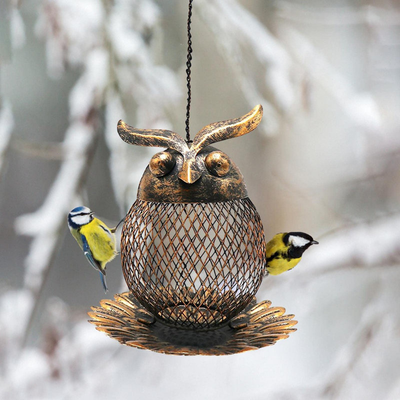 Mangeoire pour oiseaux en fonte brune en forme de hibou