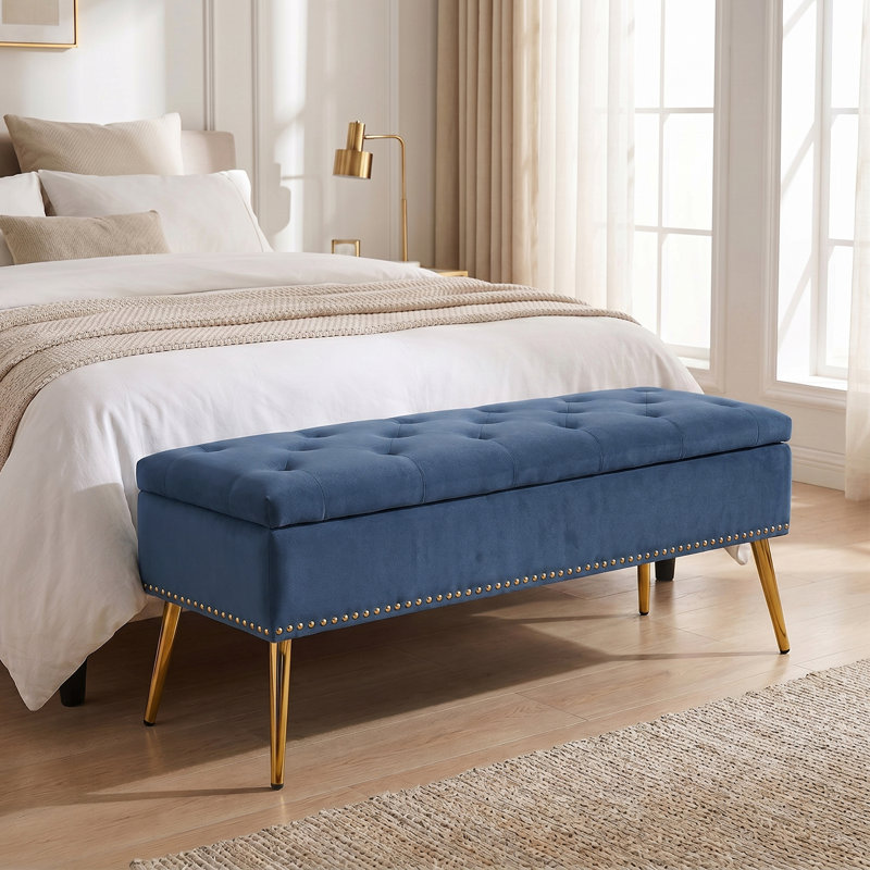 Banc de rangement rembourré en velours Kajana, Bleu ardoise