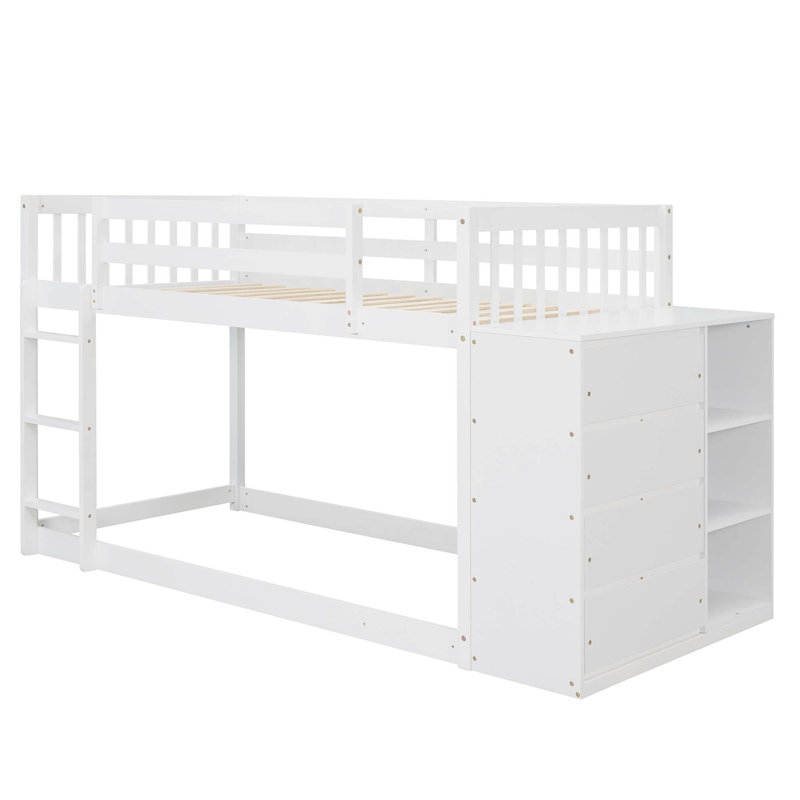 Lit superposé avec 4 tiroirs et 3 tablettes, Simple sur simple, Blanc