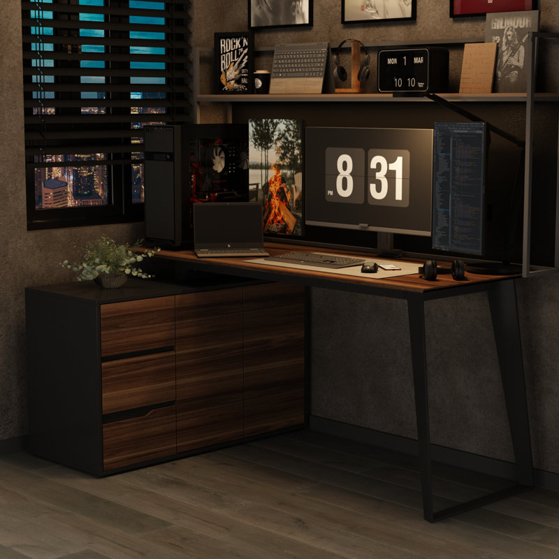 Bureau d'ordinateur en forme de L 54,3 "avec petite bibliothèque l 40", Noir
