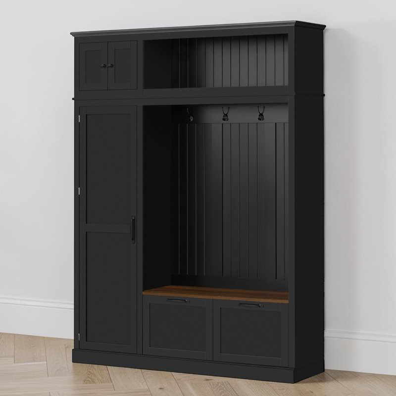 Hall Tree With Storage Bench, Entryway Organization, Side Cabinet And Drawers, Modern Farmhouse, Mudroom, Black