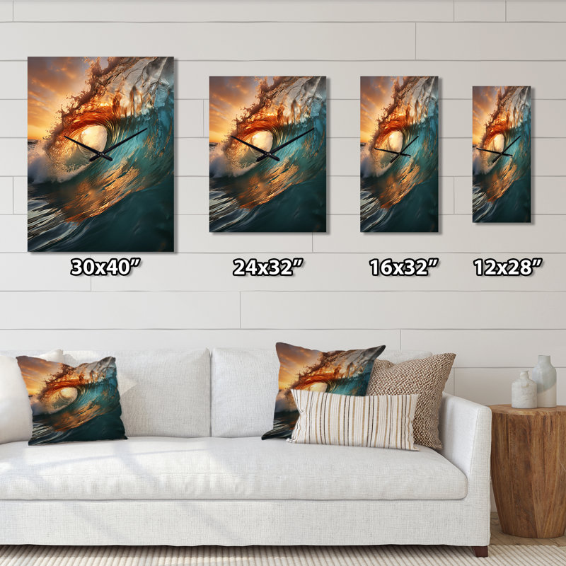 Beach Photo Sunlit Waves X - Horloge murale nautique et de plage, Grand