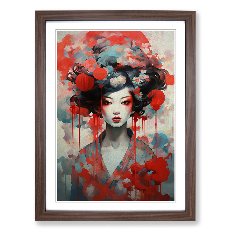 Geisha Dadaism Art - Framed Print, 46cm H x 34cm W, Walnut Framed