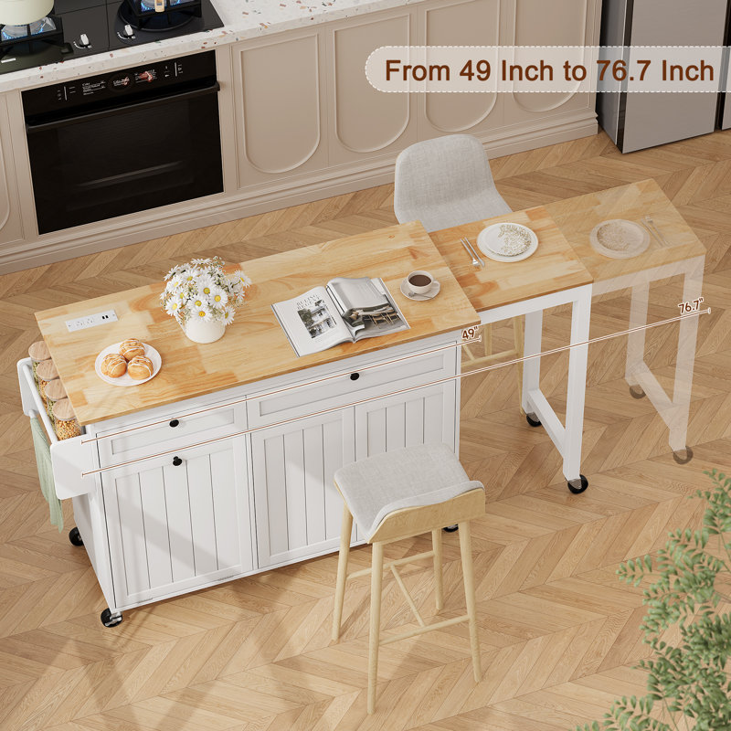 Winston Porter 81.6" W Wood Kitchen Island with Extendable Table and Power Outlets, White