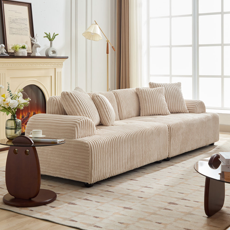 94.5” Wide Modern Style Tufted Sofa, Cream Corduroy