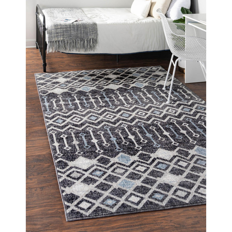 Abstract Area Rug in Charcoal Gray-Light Blue, Rectangle 10' x 13'