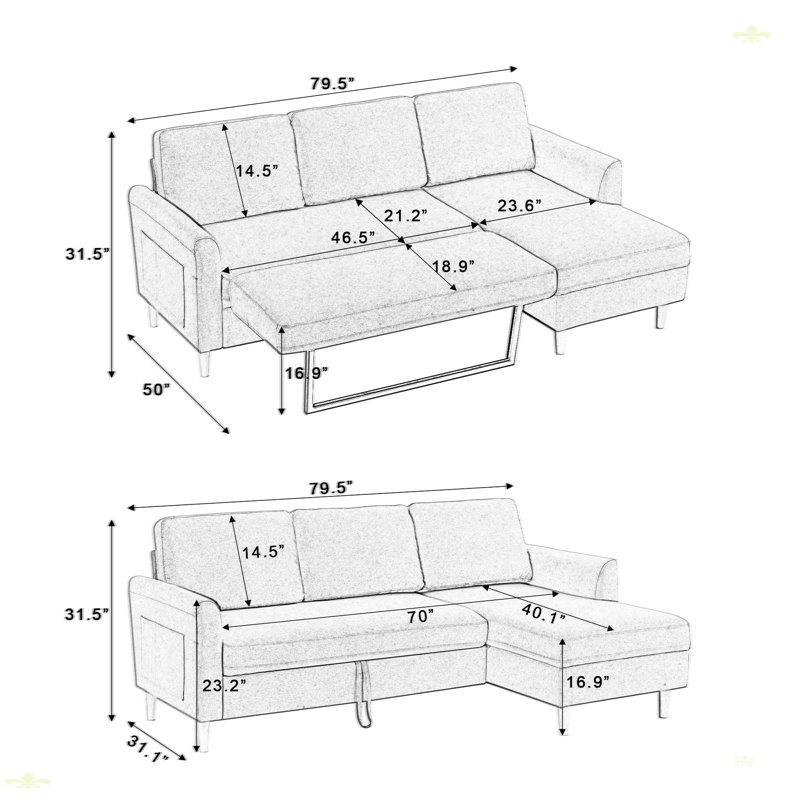 Adjustable L-Shaped Sofa Bed With Chaise, Beige Fabric