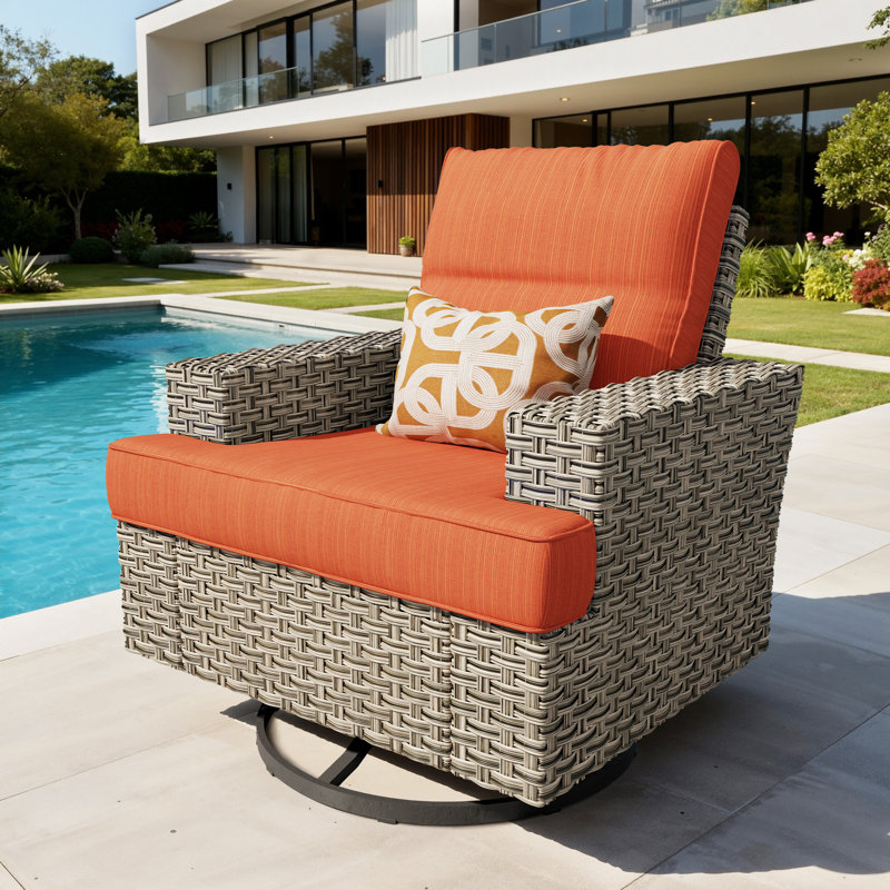 Carolle Outdoor Wicker Swivel Rocking Chair With Cushions, Wide-Arm Patio Lounge Chair For Porch & Backyard, Orange