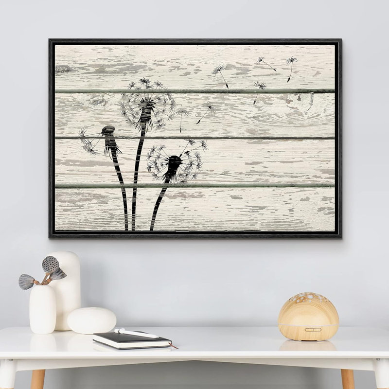 Windy, noir et blanc, silhouette de pissenlit, fleurs naturelles, effet de bois, panneaux, illustrations, rustique