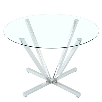 45.27 Inch Round Tempered Glass Dining Table with Metal Legs, Modern Circular Kitchen Dinner Table Seats 4-6 People, Easy Assembly Space Saving Glass Top Dining Room Table
