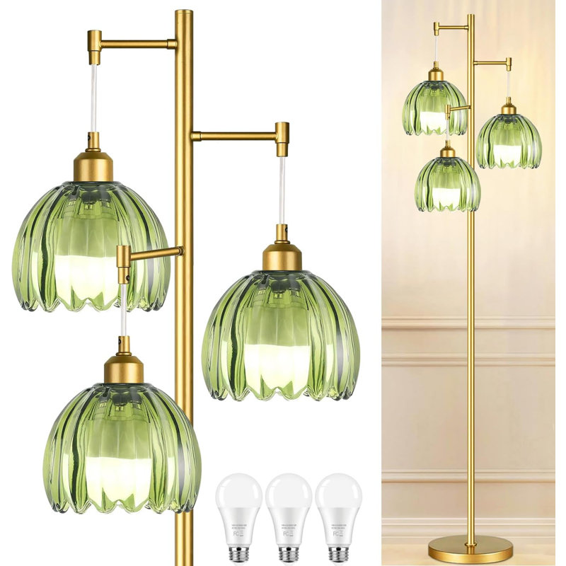 Mid Century Modern Glass Floor Lamp With Adjustable Arms, 3 LED Bulbs, And Brass Base For Living Room, Bedroom, Or Boho Decor