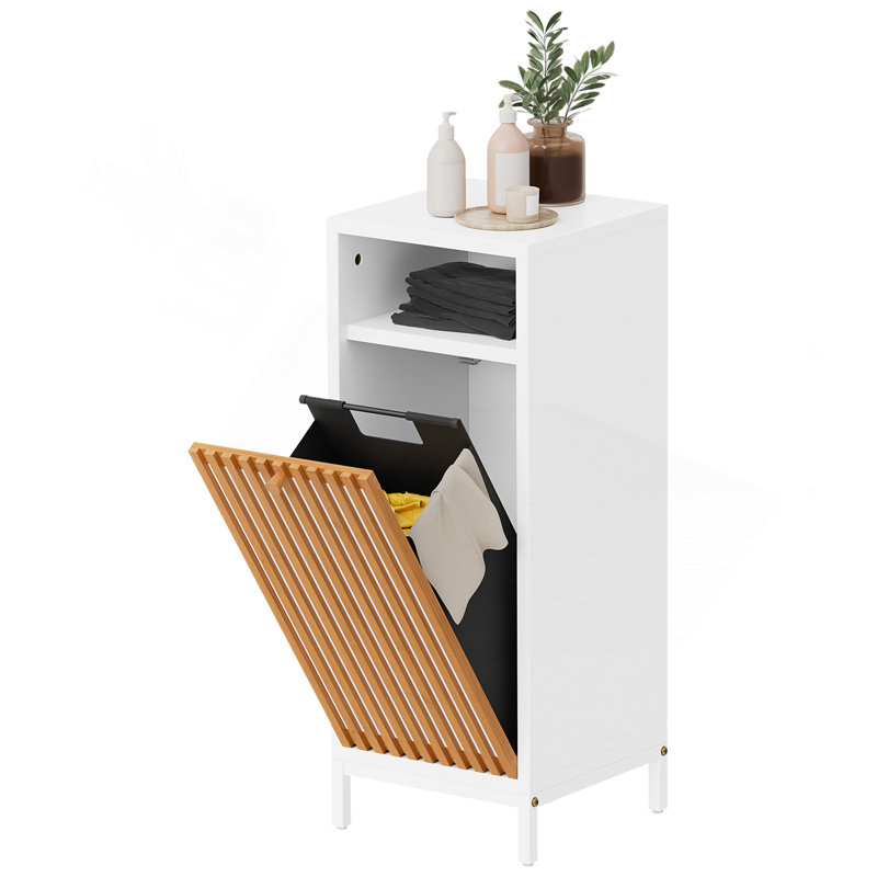 Armoire de salle de bain avec façade en bambou et panier à linge