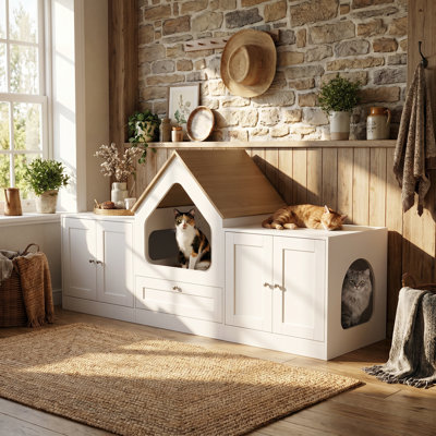 Enceinte de litière moderne cachée avec maison de chat et tiroirs de rangement