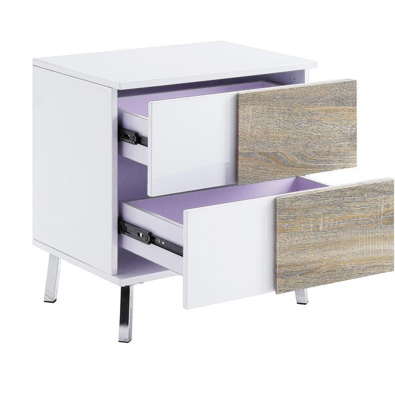 Table de bout blanche brillante et naturelle avec 2 tiroirs