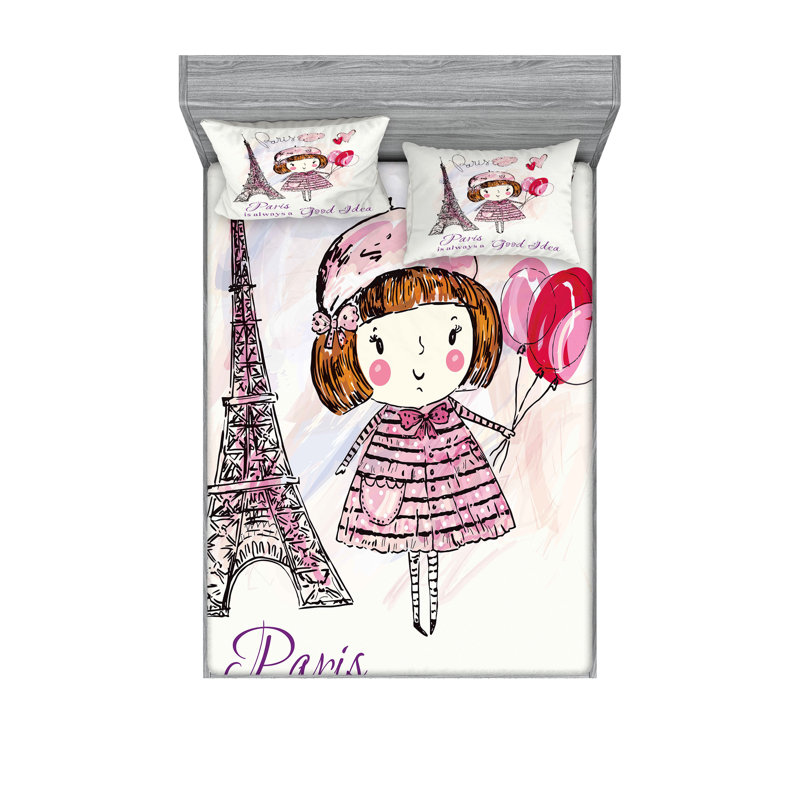 Drap-housse et coussin décoratif Ambesonne Paris, rose pâle, mauve, blanc, Ensemble de draps pour très grand lit californien