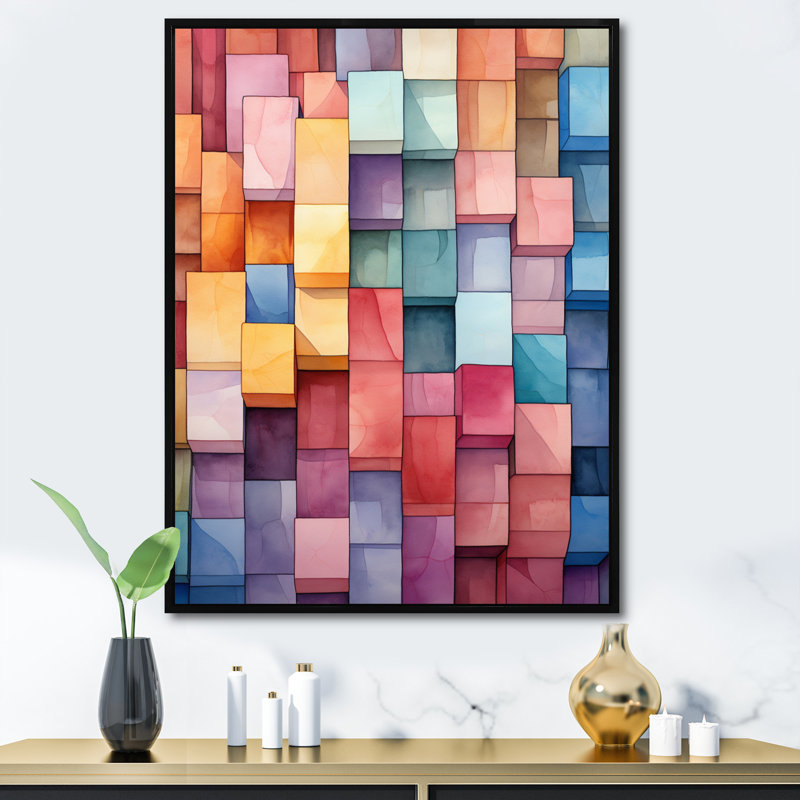 Ikal Cubism Art Colorful Field - impression, H 44 po x l 34 po x P 1,5 po, Cadre flottant noir